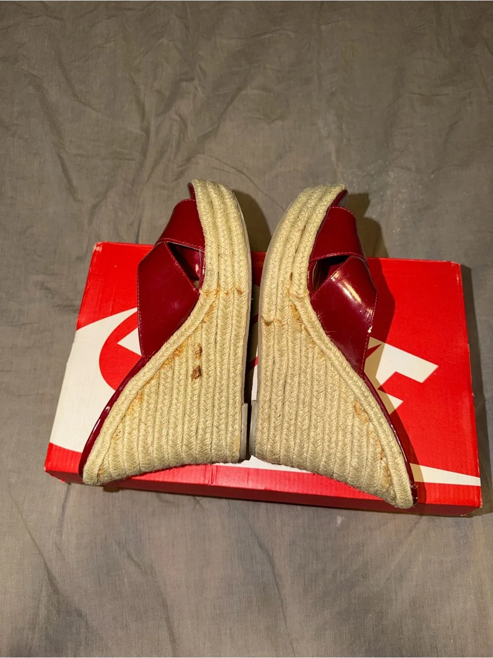 Steve Madden Platform Wedge Sandals Shiny Red & Wilma Natural straw Wicker